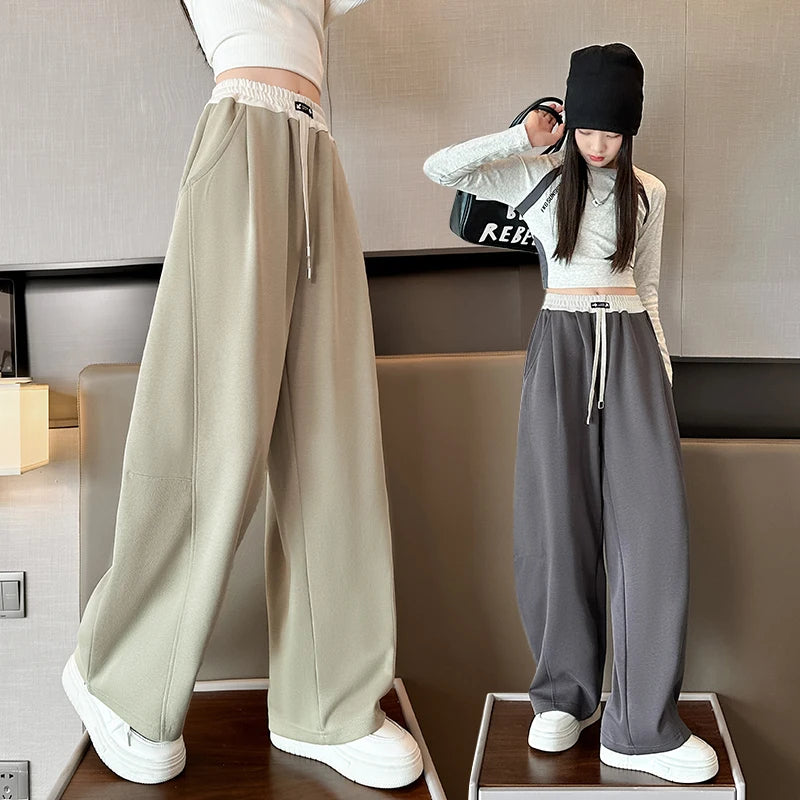 Girls Wide Leg Drawstring Pants Kids Fashion Loose Pants Children Straight Sweatpants High Waisted Spring Autumn Casual Trousers
