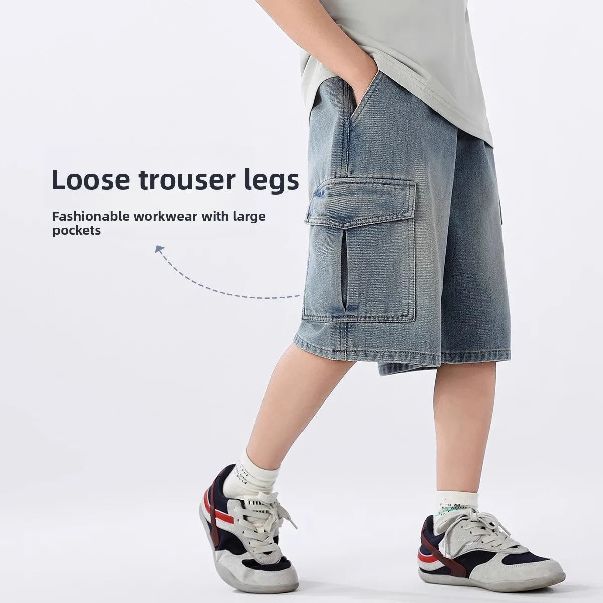 2026 Summer Teen Boys Denim Shorts Fashion Solid Color Big Pocket Thin Jeans Pants For 4-14 Years Kids Children Casual Trousers