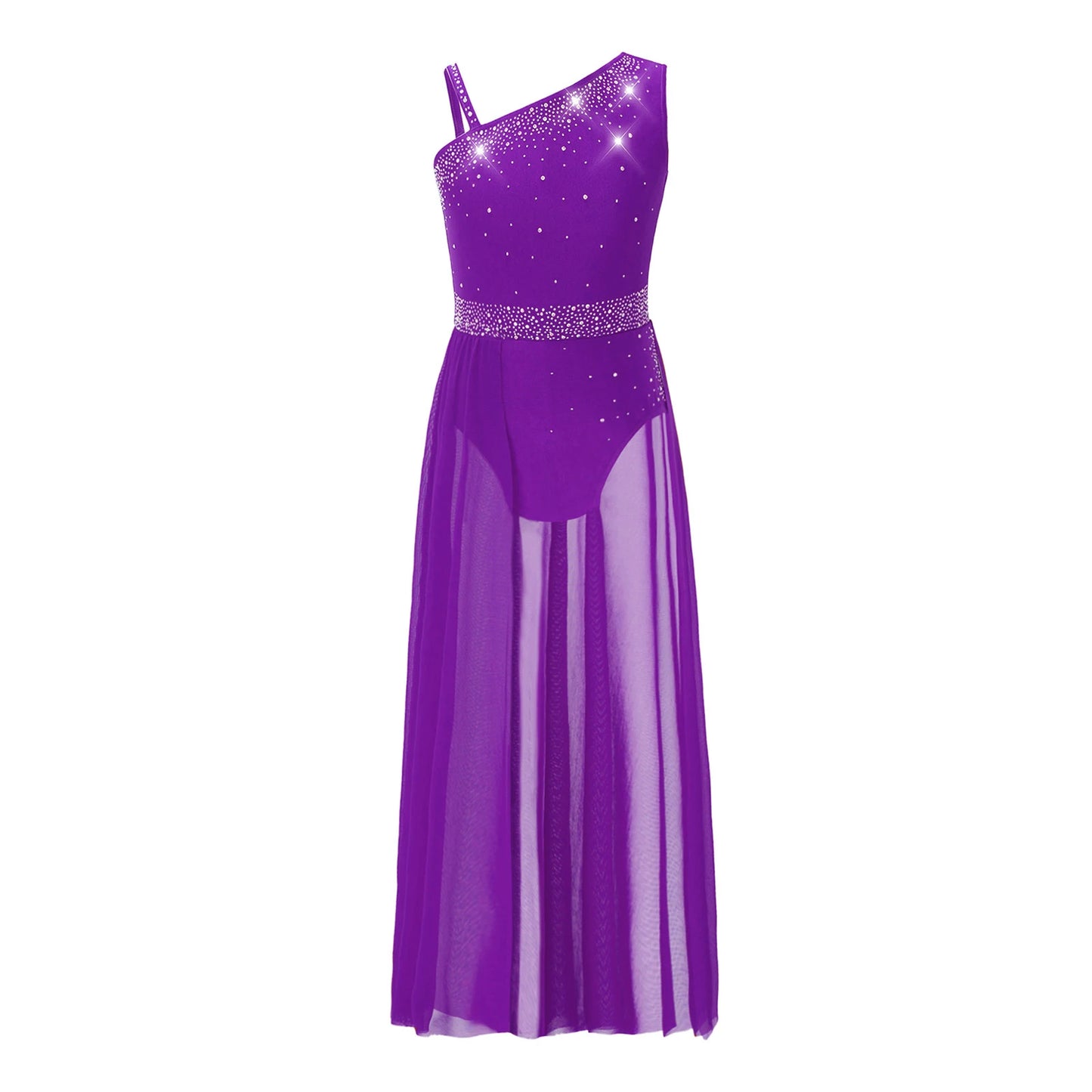 Girls Delicate 3D Flower Lyrical Dance Dress Asymmetrical Ruched Long Dress Gymnastics Modern Dance Clothes Performance Dress