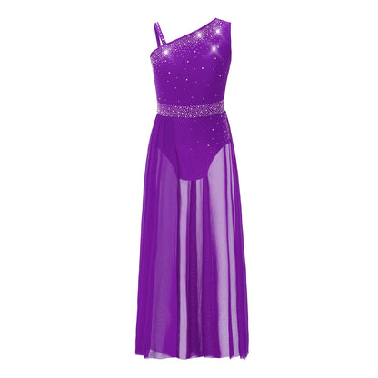 Girls Delicate 3D Flower Lyrical Dance Dress Asymmetrical Ruched Long Dress Gymnastics Modern Dance Clothes Performance Dress