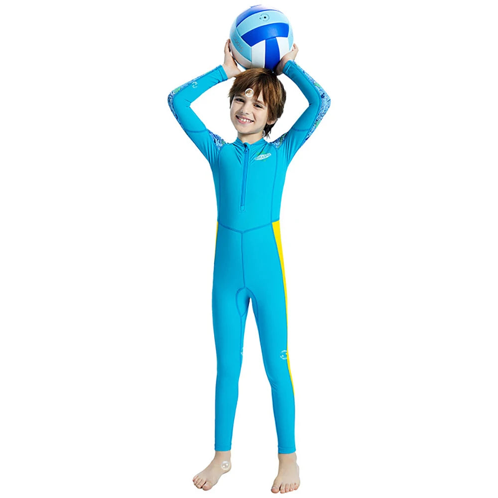 Boys Girls One-Piece Swimsuits Swimwear Long Sleeve Wetsuits Bathing Suit Beachwear Sun Protection(Including Swimming Cap)