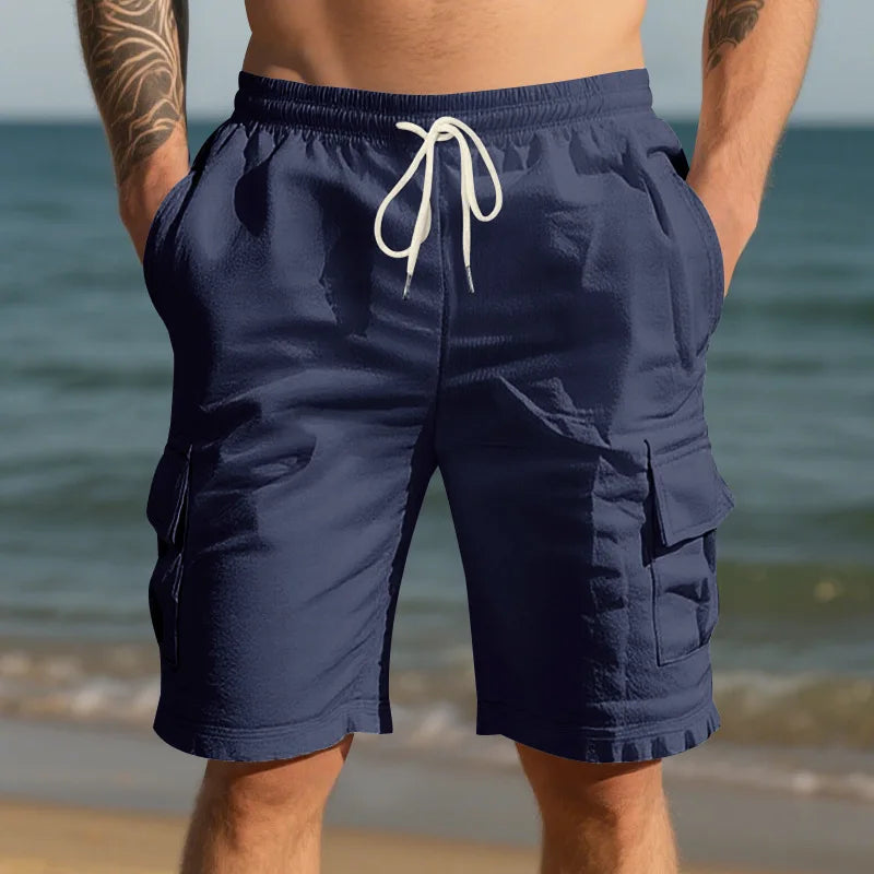 Cross-border European and American men beach skin-friendly breathable linen loose cargo multi-pocket squat jogging casual shorts