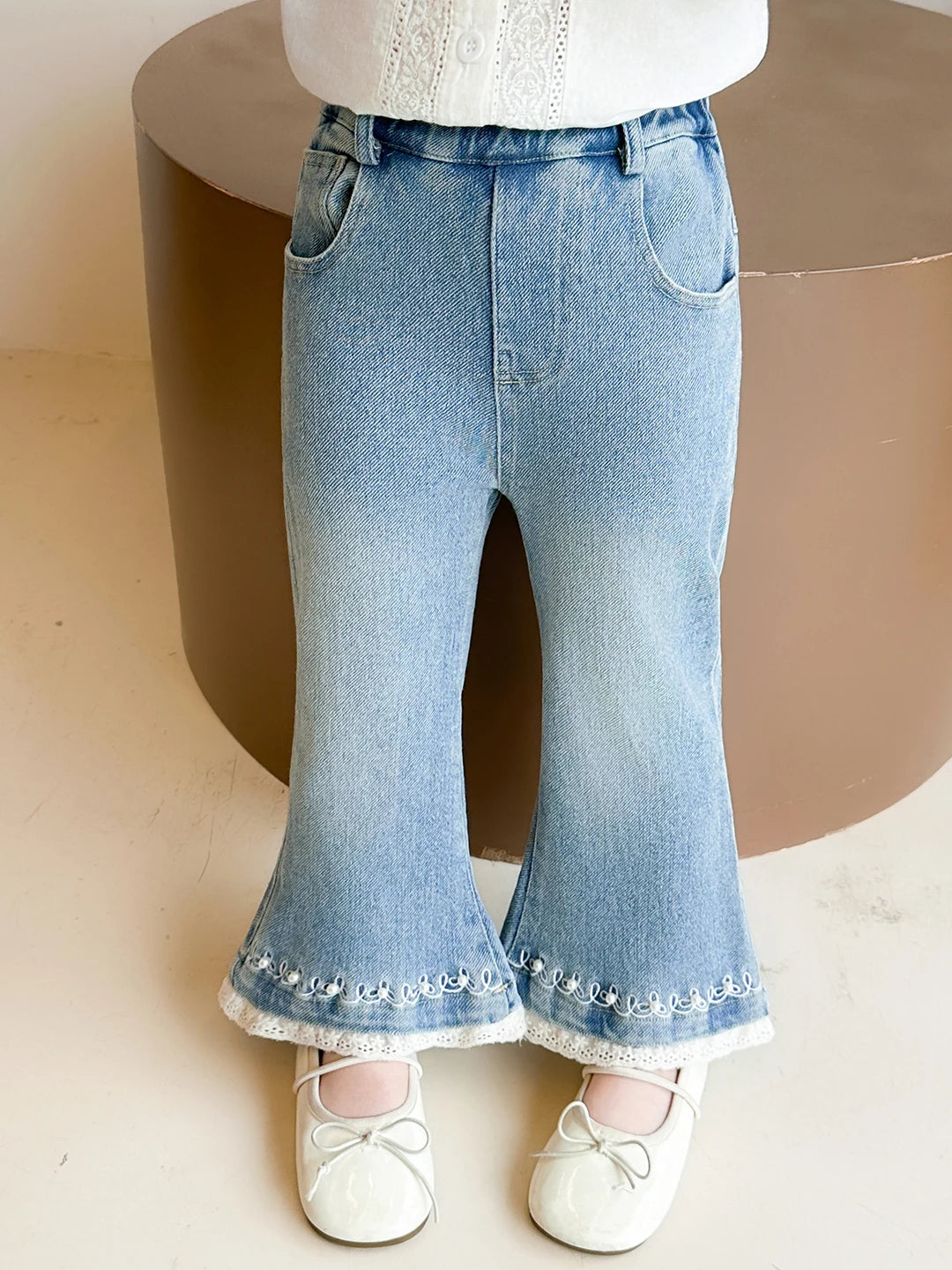 Girls Casual Pearl Trimmed Denim Pants Spring Autumn New Style Fashionable Kids Clothing High Waist Flared Legs Thin Material