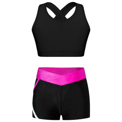 Kids Girls Dance Gymnastics Outfits Ballet Crop Top with Shorts Tracksuit Set 2 PCS Yoga Sports Workout Summer Girl Clothing