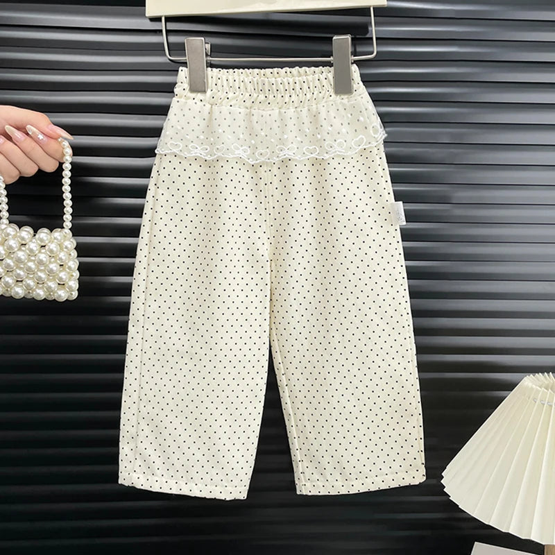 Girls' Pants Spring and Autumn Straight-Leg Pants Fashionable Beige Polka Dot Wide Leg Pants Cotton Lace Side Long Pants