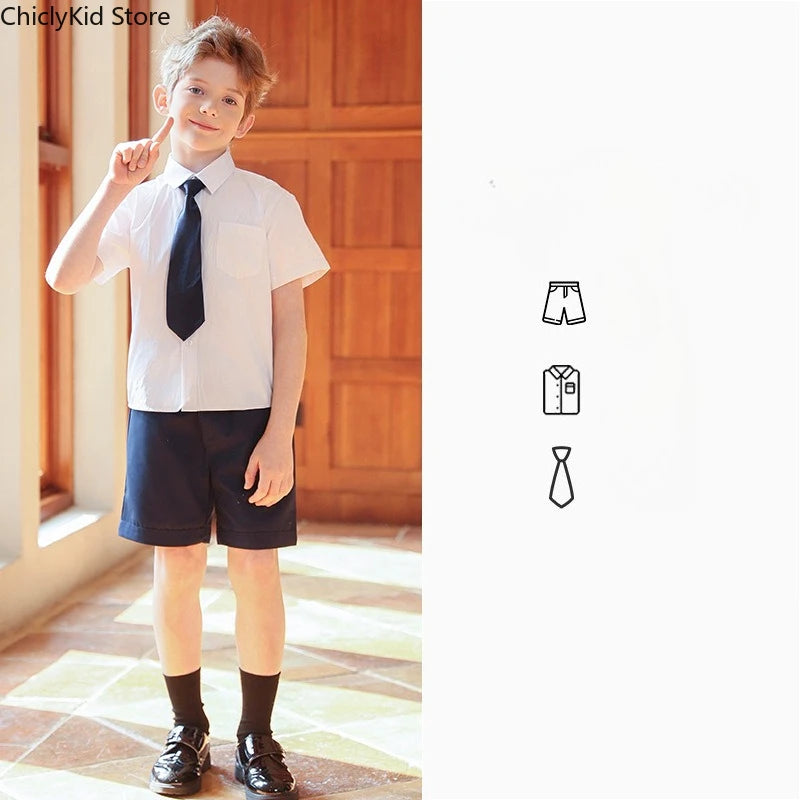 Girls Short Sleeve Blouse Skirt Boys British Shirt Shorts Children Kindergarten Students Summer Clothes Sets Kids School Uniform
