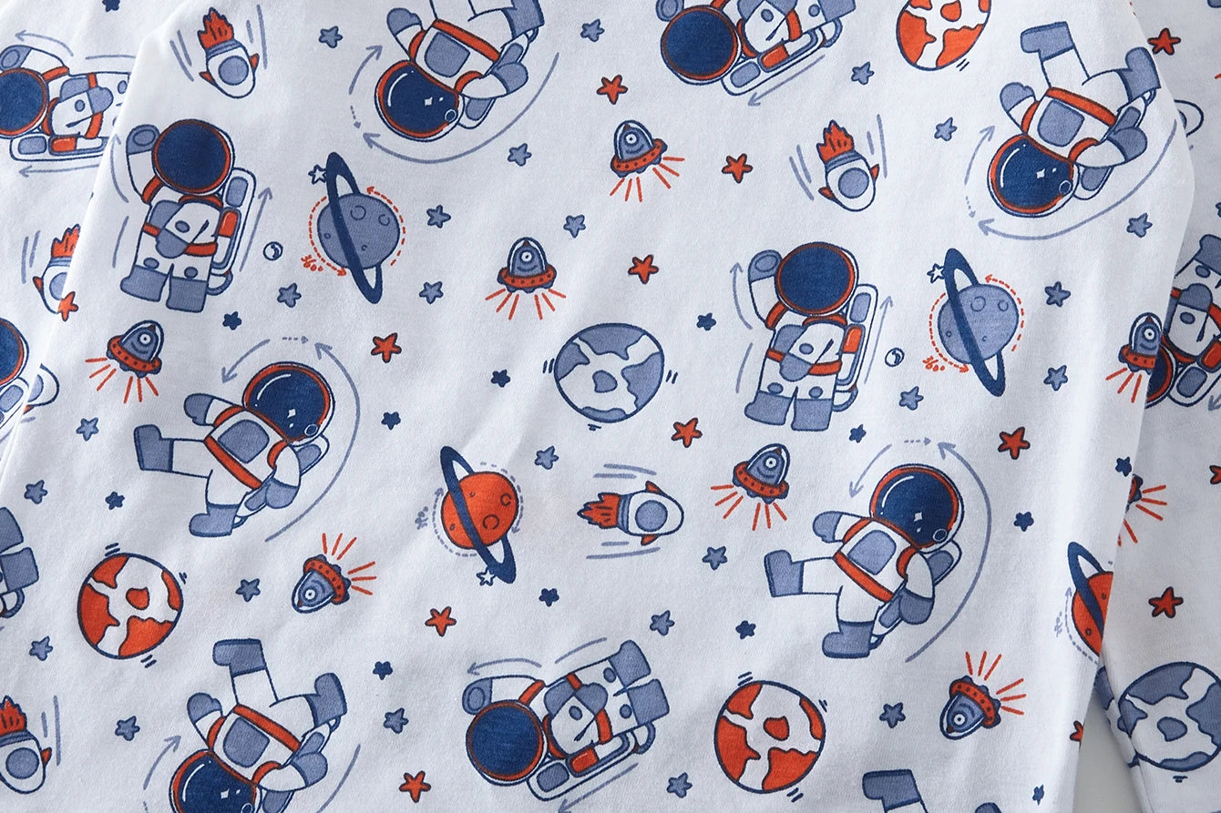Pajamas Set for Kids 100% Cotton Soft Boys Girls Cartoon Astronaut Nightwear Long Sleeve Comfortable Pjs Age 1-8 Years