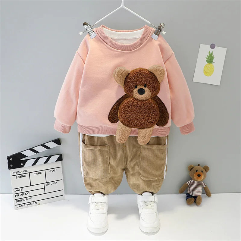 Baby boy clothes autumn winter plus velvet warm thickening suit boys and girls cartoon bear sweater + corduroy pants baby 2pcs