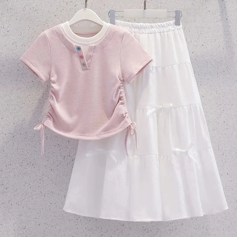 Summer Teenage Girls Clothes Set Children O-Neck Tshirt and Mid Skirt Suit Student School Short Sleeve Top Bottom Outfits