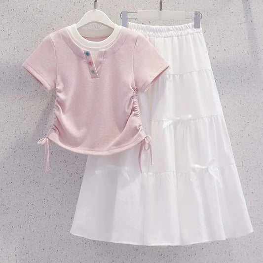 Summer Teenage Girls Clothes Set Children O-Neck Tshirt and Mid Skirt Suit Student School Short Sleeve Top Bottom Outfits