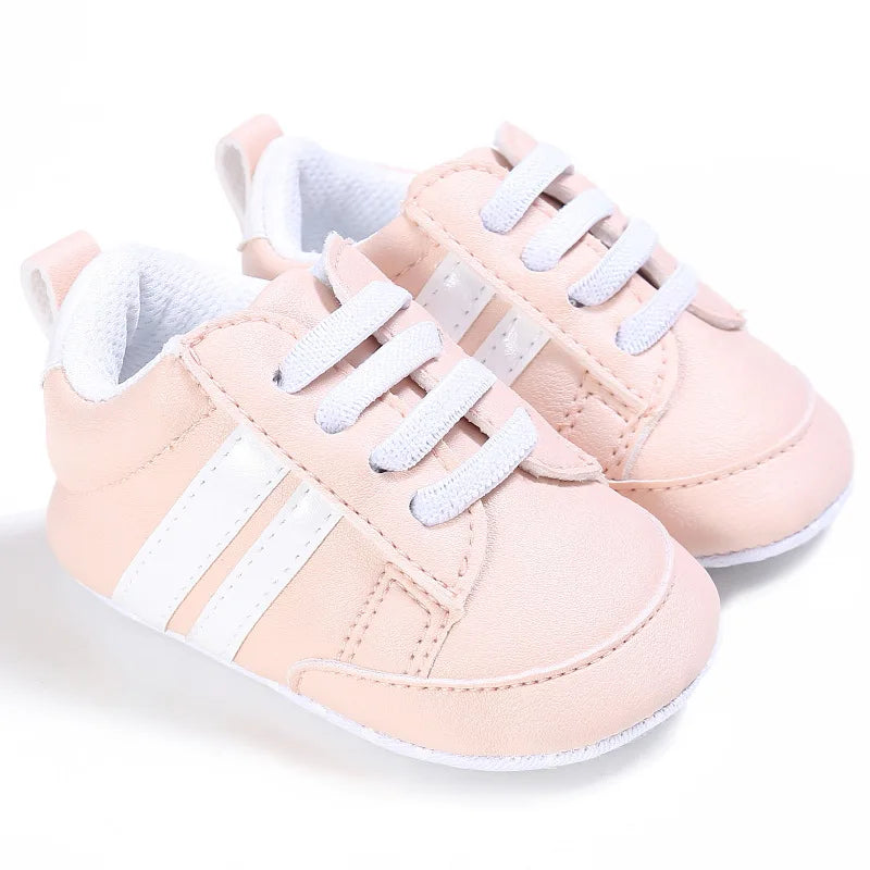 Newborn Baby Boys Shoes for 1 Year Footwear with Striped Infant Casual PU Leather Toddler Soft Sole Girls Sneakers First Walkers