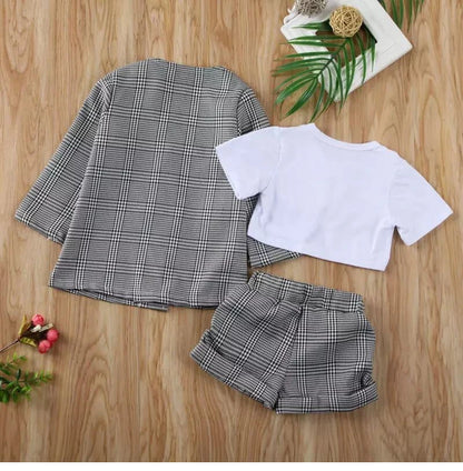 Baby Girls Clothes Sets Infant Toddler White Top T-Shirt+Grey Checkered Suit+Short 3PCS Costumes For Girls 2025 Girls Outfit Set