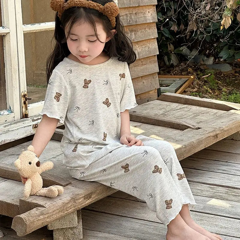 Girls Summer Ice Silk Pajamas Set Short Sleeve Long Pants Sweet Cute Baby Loungewear for Air Conditioning
