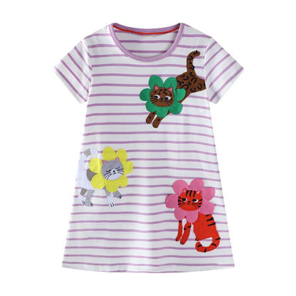 Baby Girls 2025 New Summer Children 's Clothing for Kids Cotton Casual Clothes Cartoon Flowers Cats Dresses