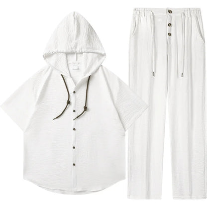 Men's Sport Casual Suit - Stylish and Handsome, with A Hooded, Pleated Short-sleeved Shirt and Loose-fitting Trousers.