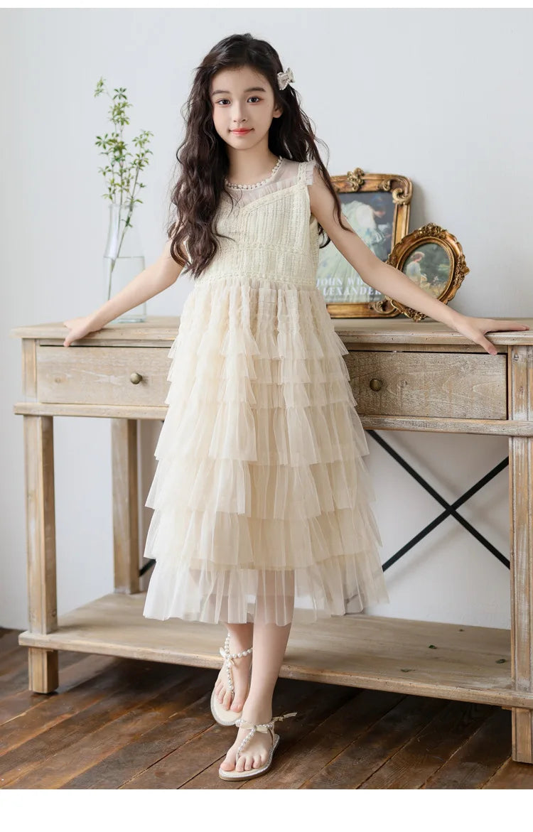 Tulle Tiered Dress for Girls 2026 New Summer Sleeveless Vest Princess Dress Daily Party Holiday Beige Teenage Children Clothes