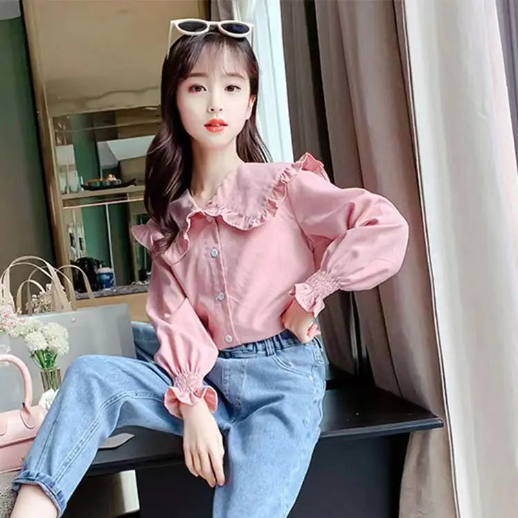 Girls' Spring Autumn Blouse New Korean Style Fashionable Long Sleeve White Shirt Children's Lace Peter Pan Collar Bottoming Shir
