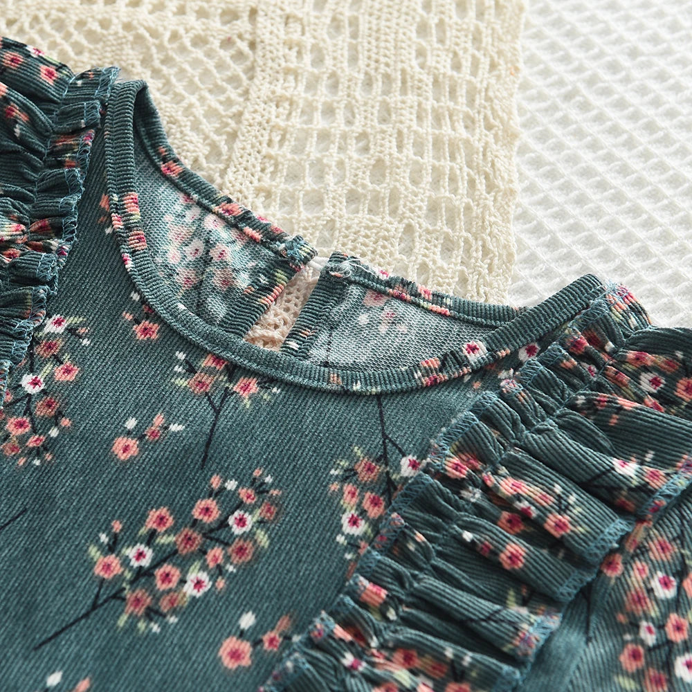 Girls' Dress 2023 Autumn New Girls' Round Neck Ruffled Flower Print Long Sleeve Dress Children's Fashion Dress