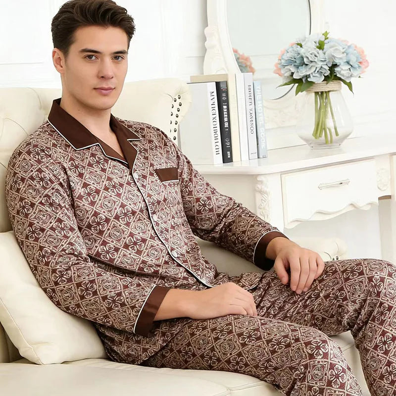 Plus Size Men's Pajamas 2PCS Sleepwear Set Fashion Print Silk Satin Trouser Pijamas Suit Spring New Male Home Clothes Loungewear