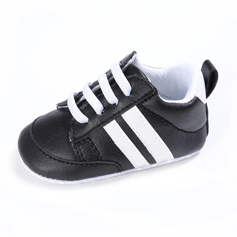 Newborn Baby Boys Shoes for 1 Year Footwear with Striped Infant Casual PU Leather Toddler Soft Sole Girls Sneakers First Walkers