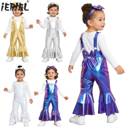 Baby Girls Clothes Birthday Party Metallic Bell Bottoms Romper Djustable Straps Bow Overalls with Headwear Photo Shoot Outfit