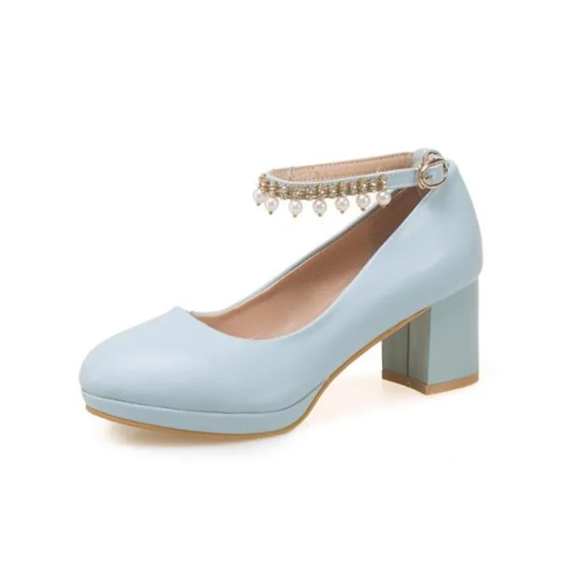 Children Girls High heel Shoes For Kids Princess Sandals Fashion  Pearl Thick Heel Shallow Female High heels For Party Wedding