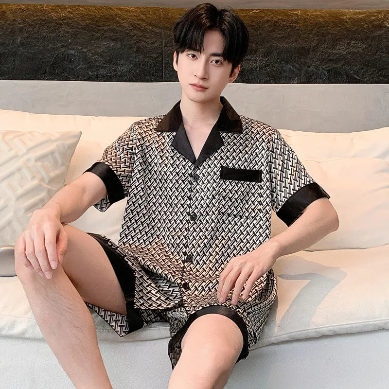 Pajamas Men Spring Summer Thin Ice Silk Luxurious Loose Fitting Home Wear Suit Male Satin Pyjamas Set Night Pajamas Set Men