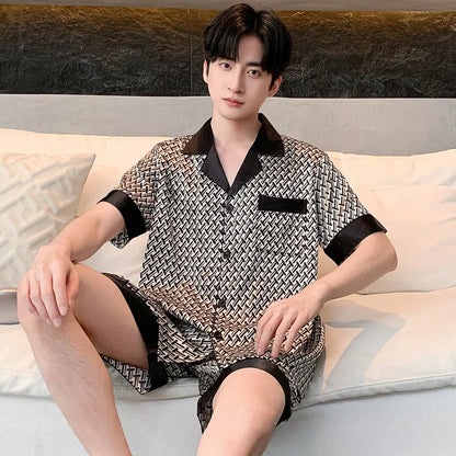 Pajamas Men Spring Summer Thin Ice Silk Luxurious Loose Fitting Home Wear Suit Male Satin Pyjamas Set Night Pajamas Set Men