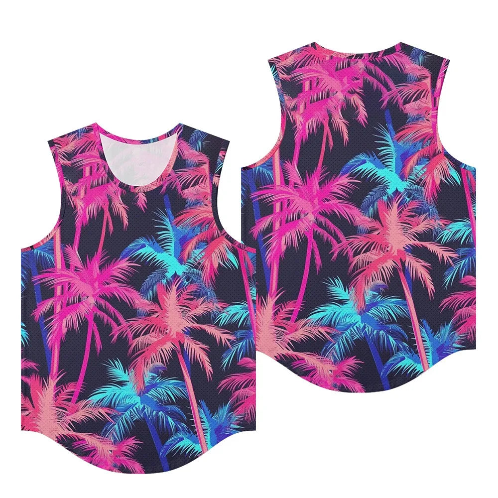 Men Vests Trendy Tropical Monstera Printed Breathable Beach Artistic Essential Tank Top Activewear Sports Oversized Clothing