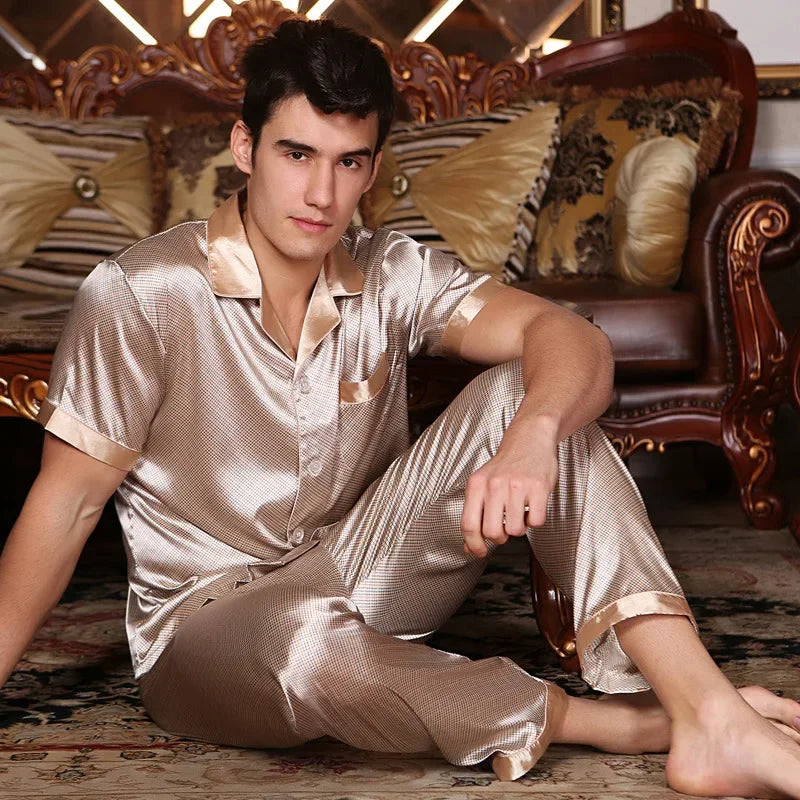 Spring Autumn New Male 2PCS Pajamas Set Sleepwear Print Long Sleeve Trouser Pijamas Suit Loungewear Loose Silk Satin Home Wear