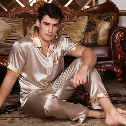Spring Autumn New Male 2PCS Pajamas Set Sleepwear Print Long Sleeve Trouser Pijamas Suit Loungewear Loose Silk Satin Home Wear