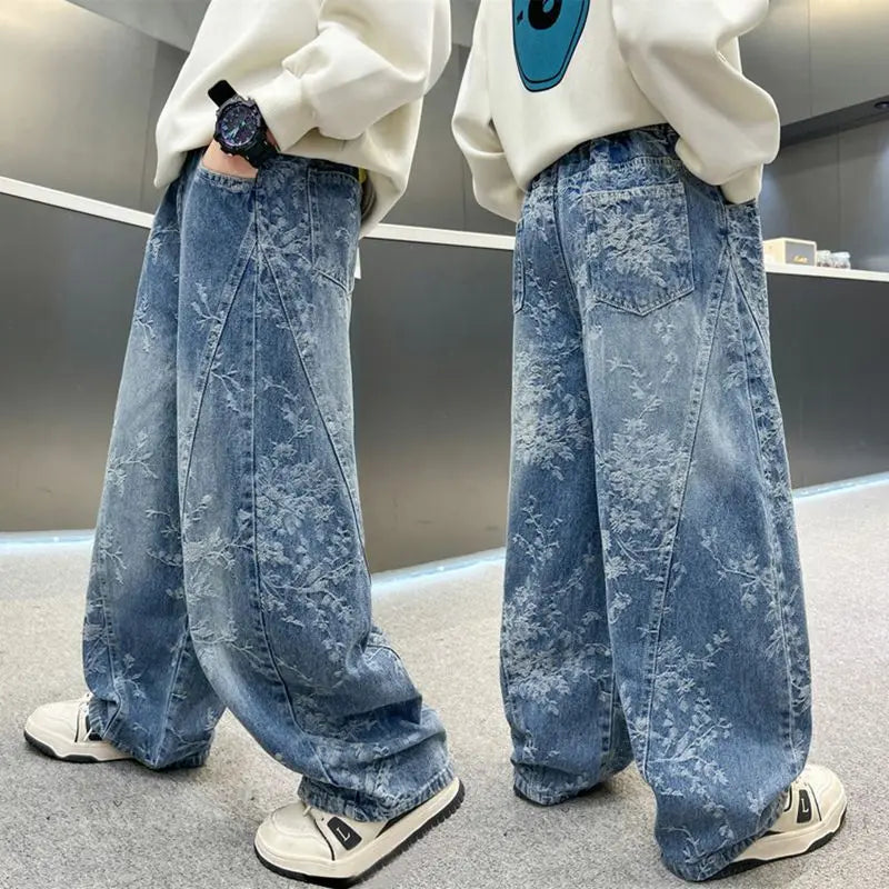 Boy Jeans For Teenage Casual Style Letter Pattern Loose Pants For Children Toddler Kids Clothes 4 6 8 9 10 11 12 13 14 Years