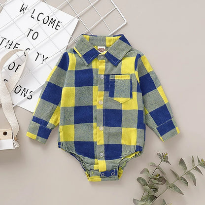 0-12 Months Newborn Baby Boys Bodysuit Plaid Long Sleeve Turn Down Collar Shirt Romper Spring&Autumn Gentleman Casual Clothes