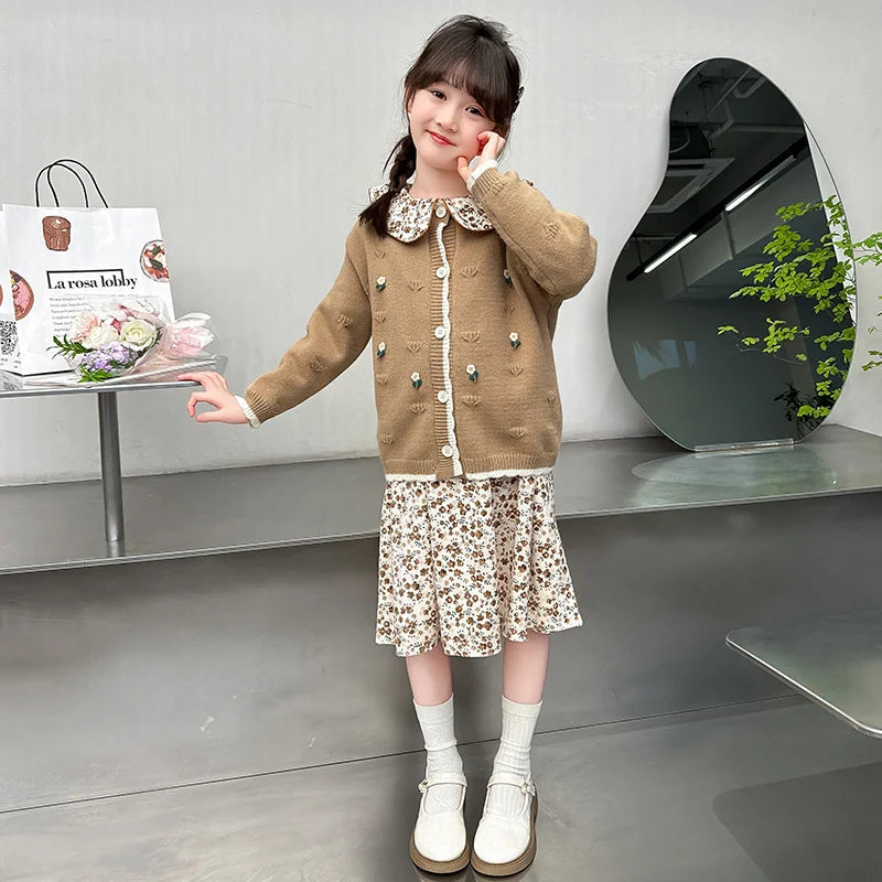 Teen Girls Autumn Outfits Fashion Two-piece Clothes Set Kids Dress with Cadigan Sweater Two Set Children Clothing Suit 4-13 Year