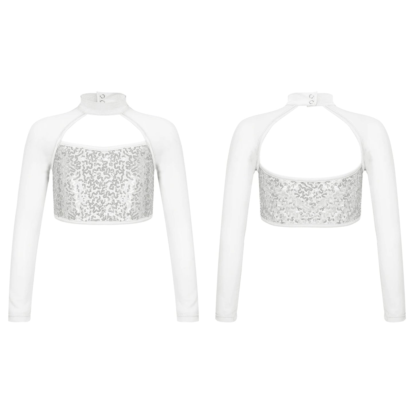 Teen Girls Hip Hop Jazz Street Dance Top Long Sleeve Shiny Sequin Mesh Crop T-shirt Yoga Sportswear Skating Gymnastics Dancewear