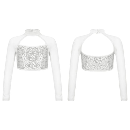 Teen Girls Hip Hop Jazz Street Dance Top Long Sleeve Shiny Sequin Mesh Crop T-shirt Yoga Sportswear Skating Gymnastics Dancewear