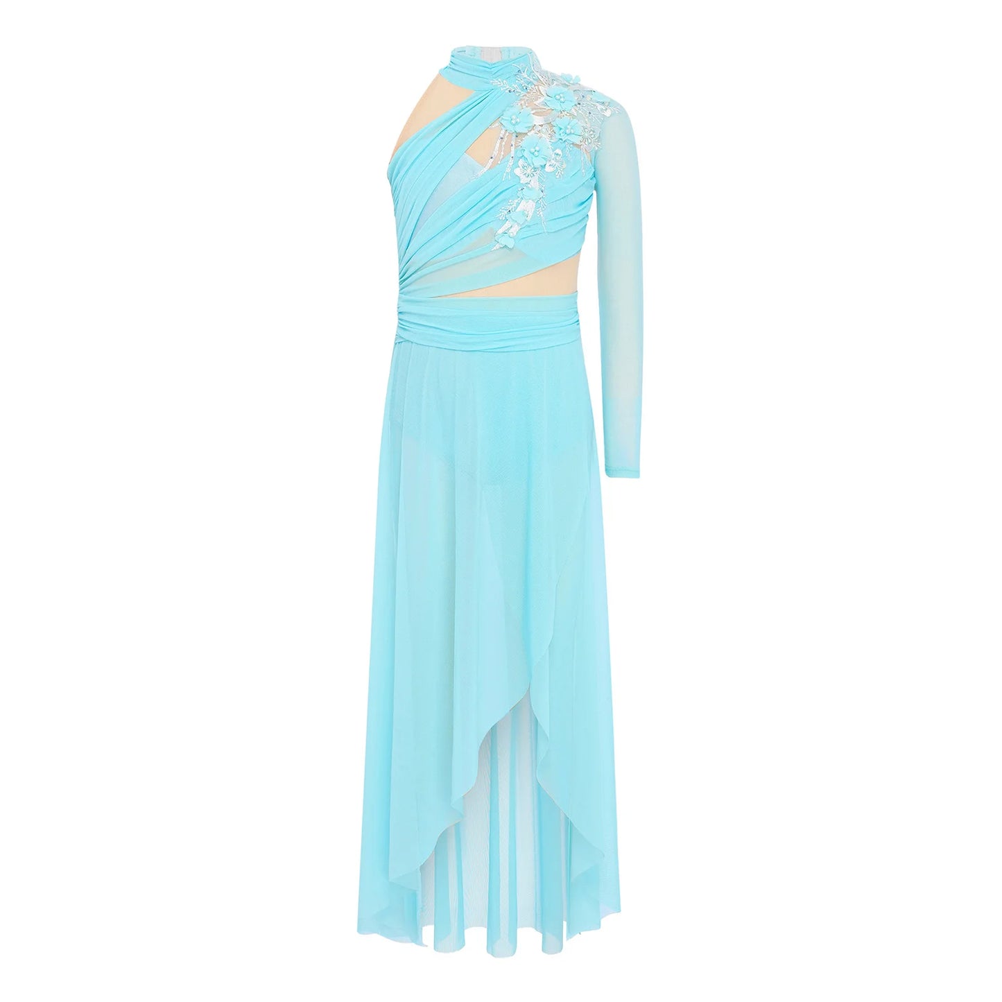 Girls Delicate 3D Flower Lyrical Dance Dress Asymmetrical Ruched Long Dress Gymnastics Modern Dance Clothes Performance Dress