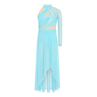 Girls Delicate 3D Flower Lyrical Dance Dress Asymmetrical Ruched Long Dress Gymnastics Modern Dance Clothes Performance Dress