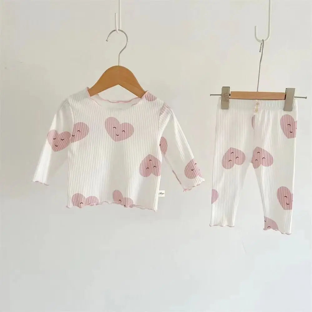 New Girls' Pajamas Homewear Children's Long-Sleeved Ice-Silk Pajamas Two-Piece Wood Earring Set Air-Conditioning Suit Suit
