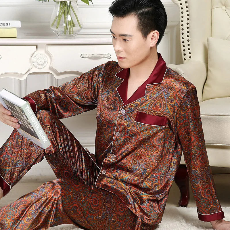 Pajamas Men Spring Summer Thin Ice Silk Luxurious Loose Fitting Home Wear Suit Male Satin Pyjamas Set Night Pajamas Set Men