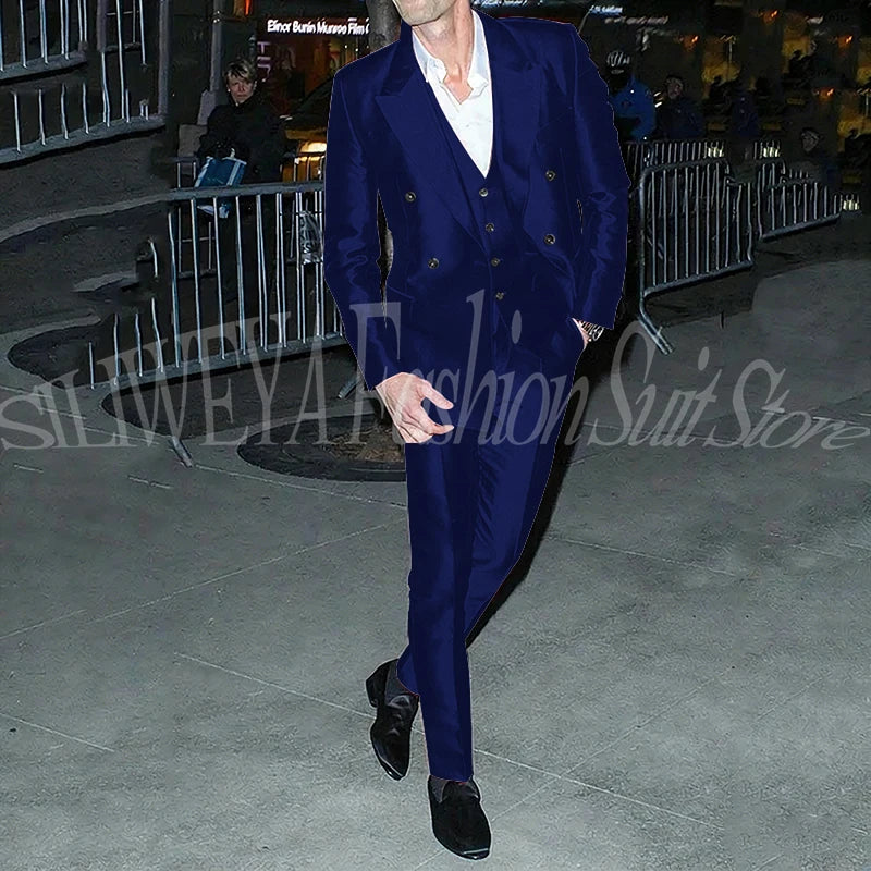 Men's 3 Piece Suit Sets Luxury Red Satin Men Notch Lapel Double-Breasted Suit Blazer+Vest+Pants Customed for Business & Weddings