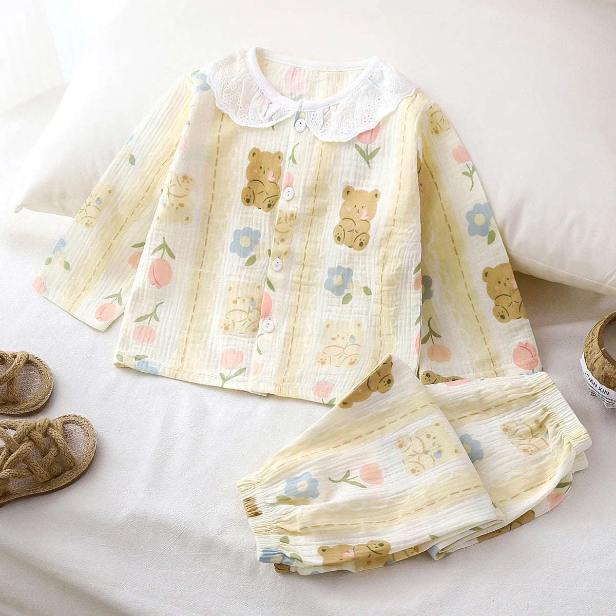 Girls Summer Thin Pajamas Homewear Cute Cartoon Floral Print Long Sleeve Lace Trimmed Sleepwear Baby Boys Casual Clothing Sets