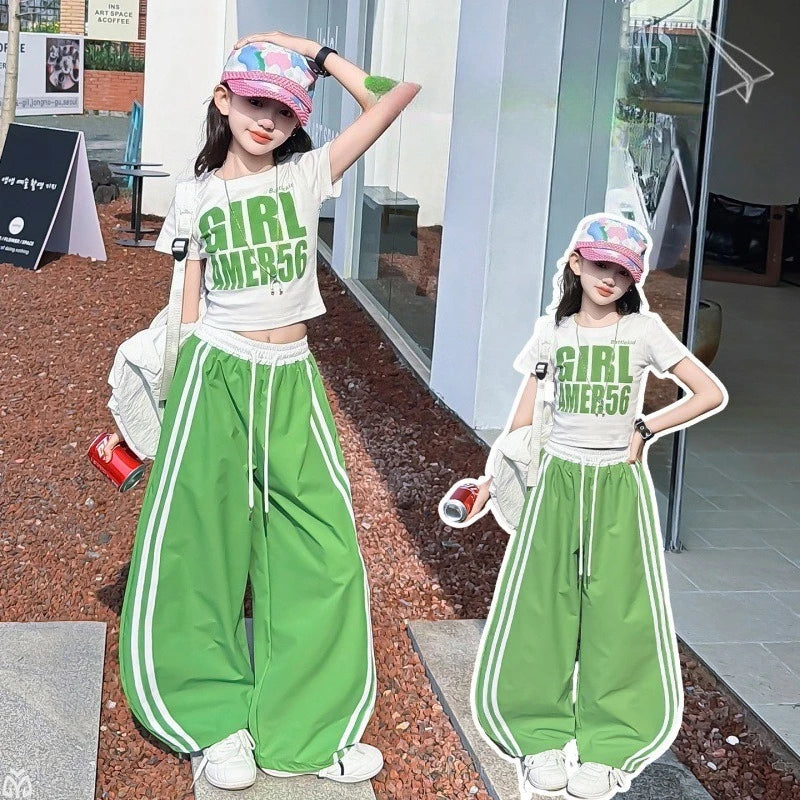 Teens Girls Clothing Sets Fashion Jazz Hip Hop Letter Top+stripe Sport Pants Two Pieces Suits for Kids Summer Streetwear Outfits