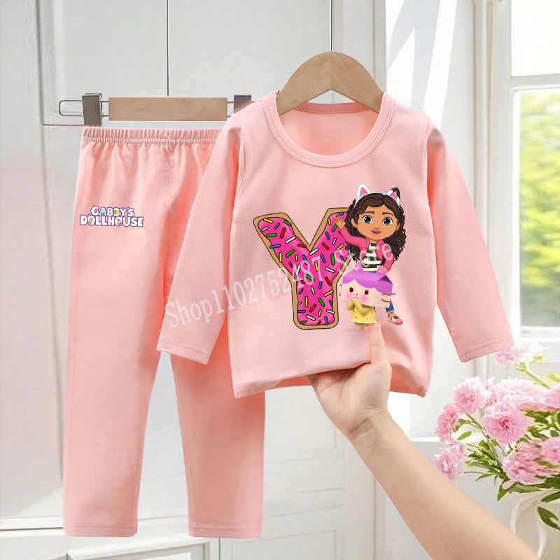 Gabby Dollhouses Pajamas Pants Set Girls Cute Letter A-Z Nightwear Trousers Kids Winter Home Clothes Children Long Sleeves Gift