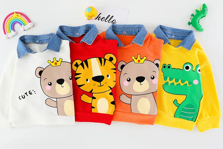 Baby boy clothes 0-4 years old spring and autumn long-sleeved suit boy cartoon lapel cotton sweater + jeans baby 2-piece set