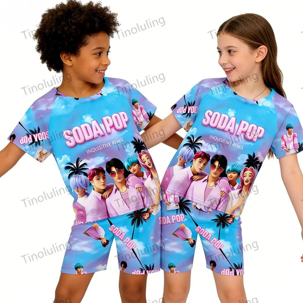 Girls Pajamas Sets Kids Toddler 3 to 8 10 11 12 Years Kpop Demon Hunters Summer Pjs Tops+Shorts Two Pieces Pijamas Sleepwear Set