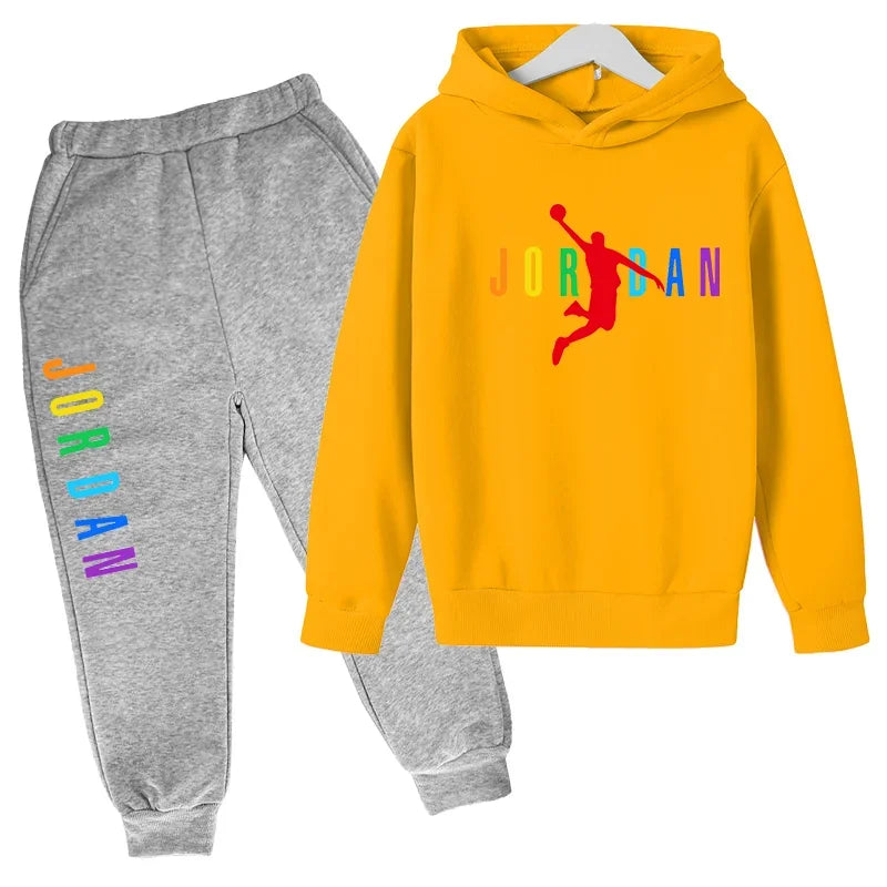 Children Sports Coat 3-13 Years Hoodie Basketball Letter Print Boys Sweatshirt Girls Toddler Top + Trousers 2P Stylish Casual Se
