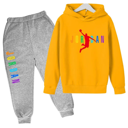 Children Sports Coat 3-13 Years Hoodie Basketball Letter Print Boys Sweatshirt Girls Toddler Top + Trousers 2P Stylish Casual Se