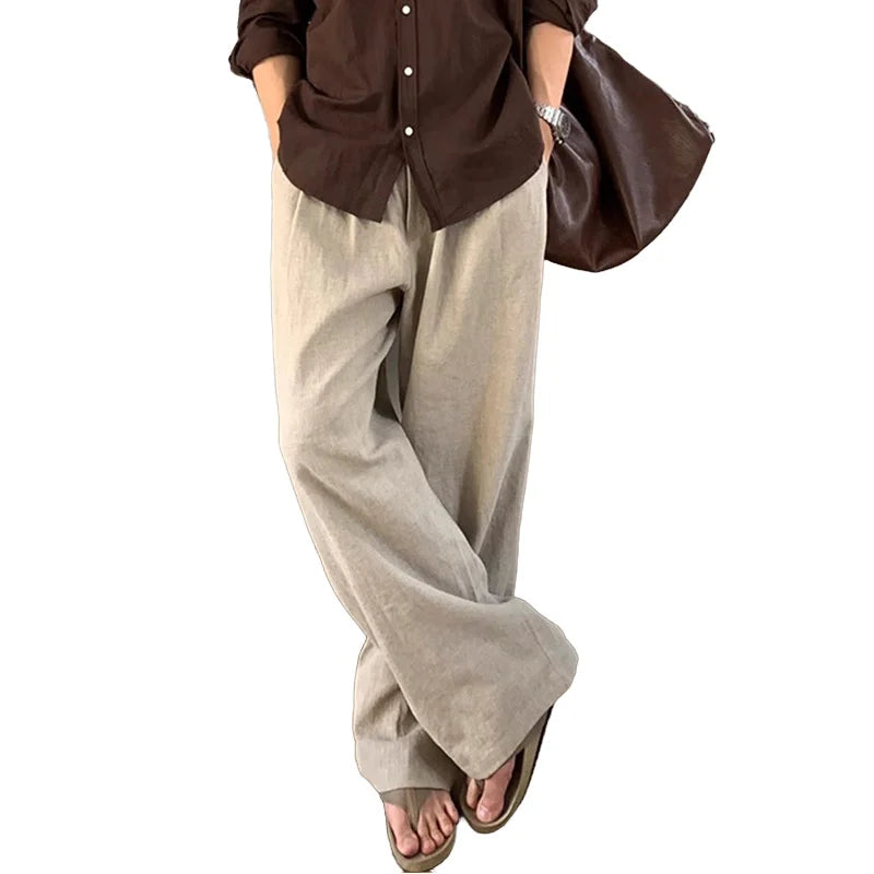 Men's Linen Dress Pants Spring and Summer Breathable White Cotton-Linen Lazy Floor-Length Pants Korean Style Loose Straight Casual Pants