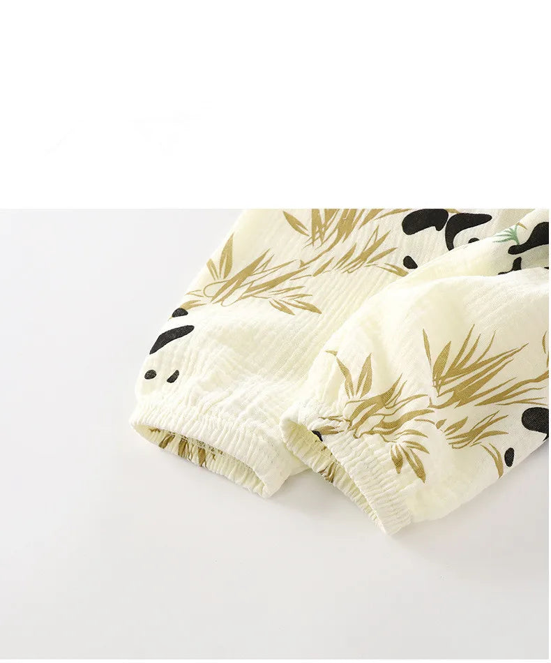 2Pcs Girls Summer Cotton Gauze Thin Pajamas Home Wear Cartoon Floral Print Long Sleeve Lace Trimmed Sleepwear Baby  Clothing Set